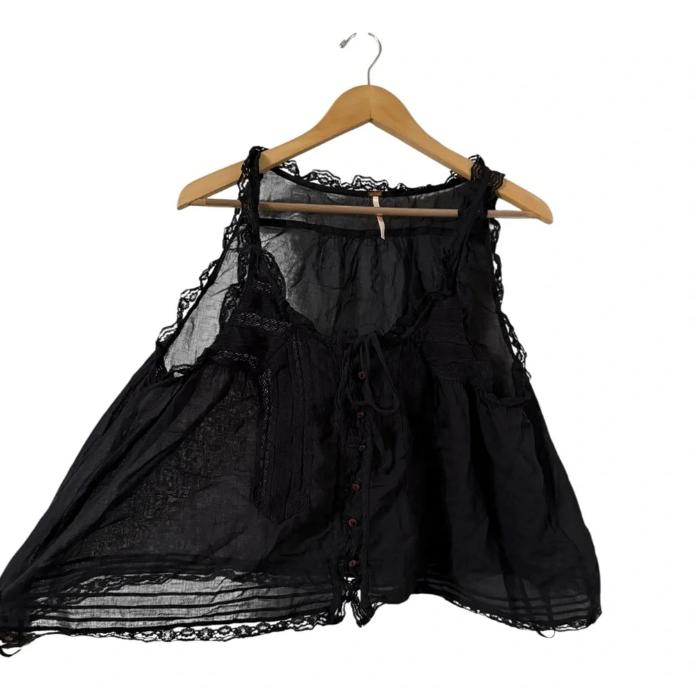 FREE PEOPLE Evermore Lace Button Down Ruffle Black Cami Tank Top - Picture 8 of 8